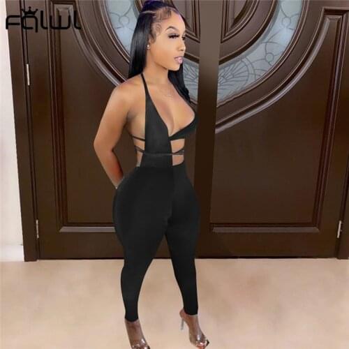 FQLWL Summer One Piece Outfit Sleeveless Backless Bandage Rompers Womens Jumpsuit Sexy Red Hollow Out Club Bodycon Long Jumpsuit