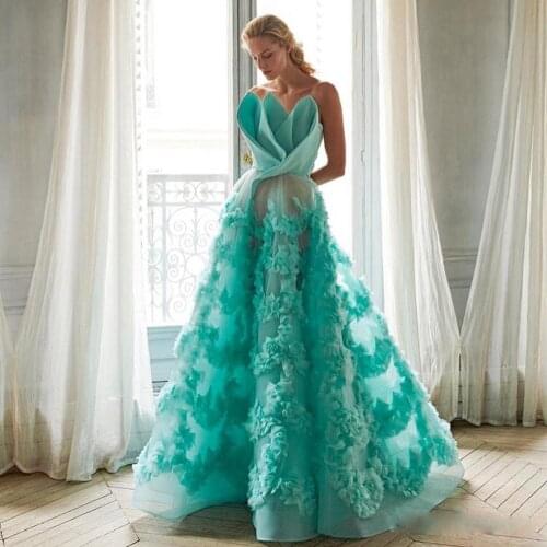 Fashion Turquoise Tulle 3D Flower A-line Women Dresses TO Honeymoon Party A-line Long Pretty Tulle Prom Gowns