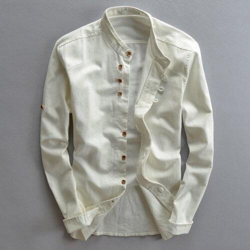 Mens Cotton Linen Shirts Long Sleeve Casual Slim Mandarin Collar Shirts High Quality Men Business Cotton Dress Shirts