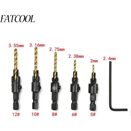 FATCOOL 5pcs Countersink Drill Woodworking Drill Bit Set Drilling Pilot Holes For Screw Sizes #5 #6 #8 #10 #12