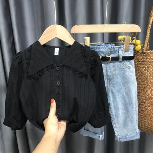 New 2021 Spring Autumn Kids Baby Girls Long Sleeve Shirt Tops Clothes And Jeans Pants Outfit Set Children Clothing Suits D655