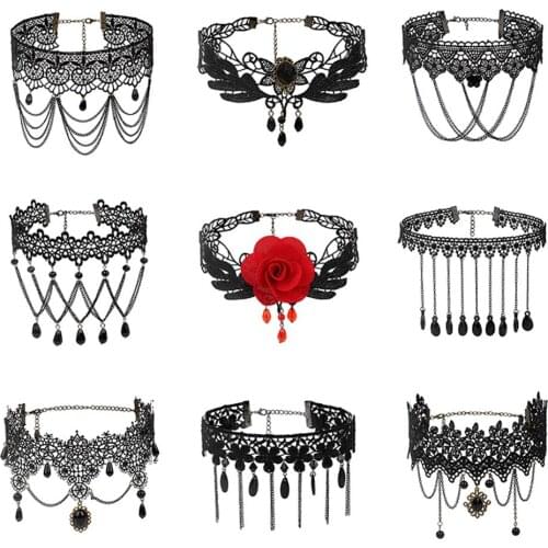 New Hollow out Big Rose Flower Punk Handmade Tassels Necklace Gothic Lolita Black Lace short chain Choker Wedding Jewelry gift