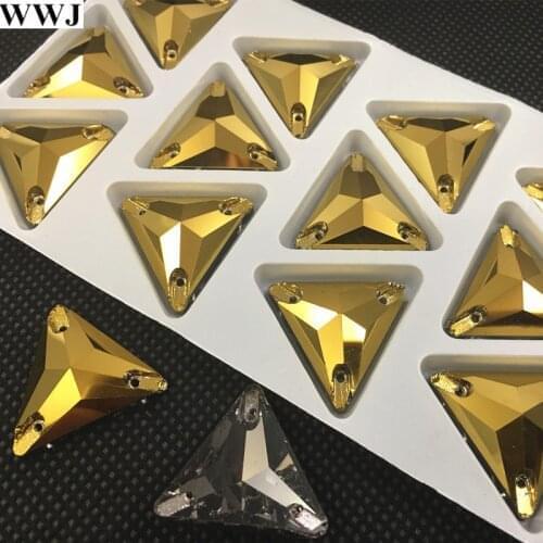 New Gold Hematite Color 3270 Tri-angle 16mm Sew On Stone Flatback 3holes Sewing Glass Crystal Beads Dress Jewelry Making