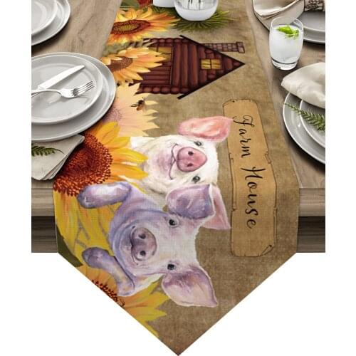 Farm Sunflower Flower Pig Retro Barn Table Runner Luxury Dining Table Decor Tablecloth Table Runner for Wedding Party