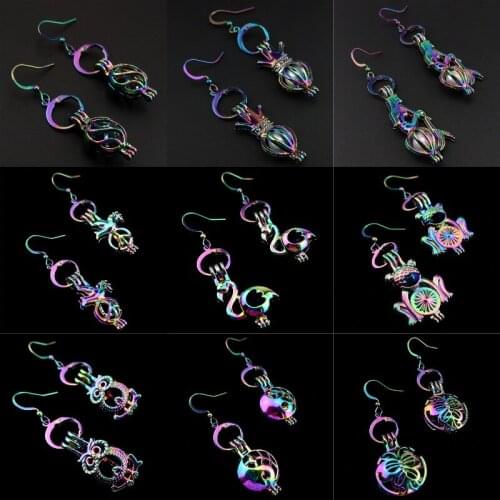 C-E804 Rainbow Drop Earrings Cat Star Round Earrings Cage Oyster Pearl Dangle Hook Earrings for Girl Friend Women DIY Jewelry