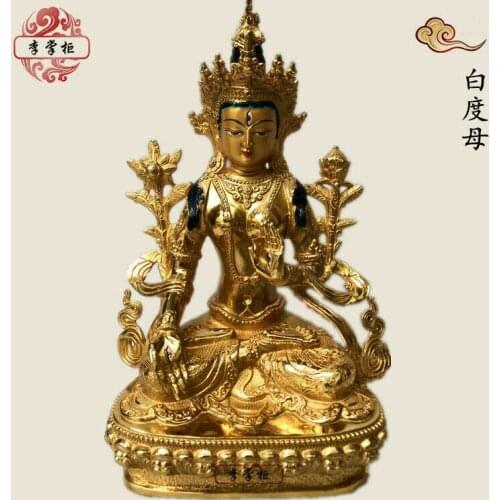 12"/30cm Handpainted Gilt Bronze Statue Buddha Divinity Bodhisattva Tara(white)