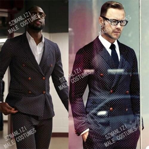 2021 Navy Blue Dots Suit Slim Fit Wedding Suits With Pants Suits for Men Groom Tuxedo Wedding Wear Formal Party Best Man Blazer