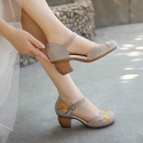 YourSeason Genuine Leather Ladies Buckle Strap Embroidery Shoes Handmade Concise Women Vintage Ginkgo High Heels Pumps