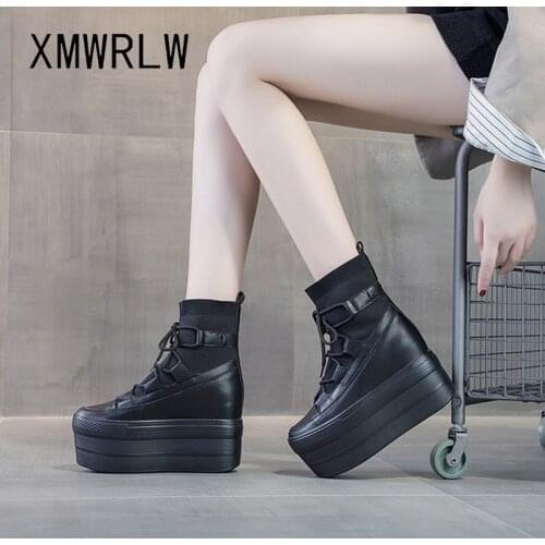 XMWRLW Platform Ankle Boots For Women Genuine Leather Autumn Shoes Fashion Lace up Thick Sole Women Ankle Boots Platform Shoe