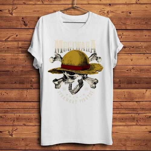 Japan ONE Pirate Lufy skull with Straw hat funny anime tshirt Men White Casual short sleeve T Shirt Unisex streetwear tee