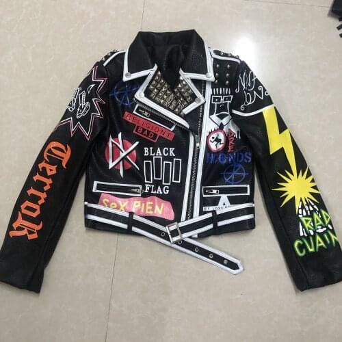 3D Graffiti soft pu leather jackets female cartoon Leather Jacket rivet beading Punk Rock Cropped leather Outerwear F2211