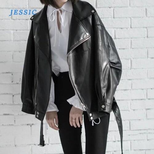 Jessic High Quality 2021 Spring Black PU Leather Loose Turn-down Collar Zipper Fashion New Womens Wild Jacket
