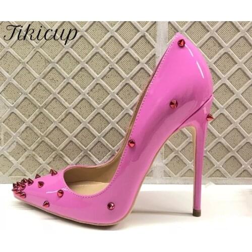 Tikicup Women Patent Pink Pointy Toe High Heel Shoes with Spikes Sexy Ladies Rivets Party Stiletto Pumps Big Size 43 44 45