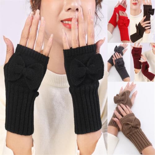 Woman Ladies Fingerless bow-knot Gloves Winter Warm Soft Knitted Mittens ST021