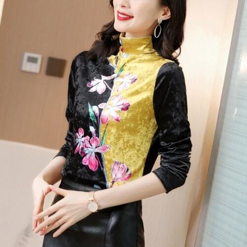 TingYiLi Contrast Color Women Velvet Tops Autumn Winter Long Sleeve Warm Turtleneck Floral Top Korean Style Ladies Clothes