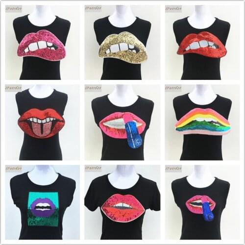1Pc Fashion Sequined Lips Patch Iron-On Applique For Clothes T-shirt Bags Diy Embroidered Patches Motif Stickers Accessories