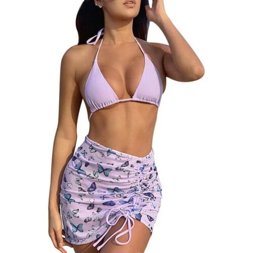3 Piece Set Women Sexy Suspenders Bikini Swimsuit Shower Brazil Bottoming Thong With Printed Mesh Skirt Summer Beach