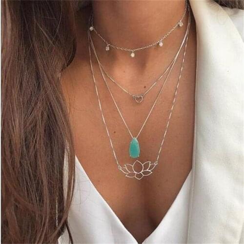 4 Pcs/Set Classic Lady Necklace Heart Blue Pearl Lotus Crystal Gold Pendant Multilayer Necklace Set Wedding Party Jewelry