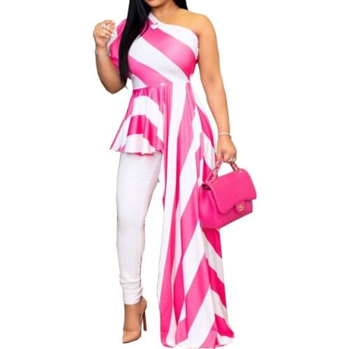 Plus Size 2019 Women New Fashion Summer Stripe Slash Neck One Shoulder Puff Sleeve Asymmetric Hem Slim Tops Blouse