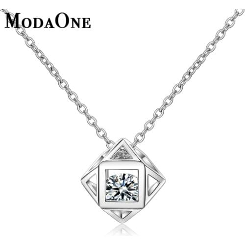 ModaOne Square Cube Zircon Pendant Necklace For Women 925 Sterling Silver Chain Jewelry kolye collares de moda 2020