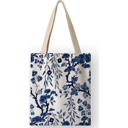 AKB01099 Fresh Flower Print Canvas Shoulder bag Women Floral Handbag Eco Reusable Shopping Bags Large Capacity with Pocket