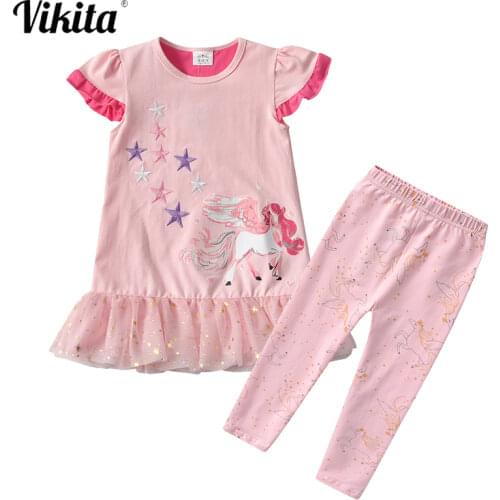 VIKITA Kids Clothings Sets for Girl Summer Unicorn Cartoon Embroidery Tees + Pants 2 PCS Outfits Children Cotton Clothing