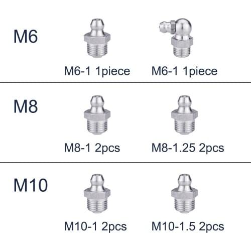 10pcs M6 M8 M10 Mix of Male Thread Steel Straight 90 Degree Oil Zerk Grease Nipples Fittings for Grease Gun Nozzles