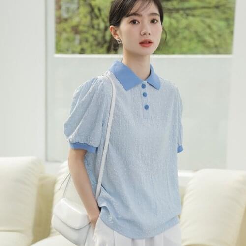 Korean New Turn-down Collar Button Women Tops Fashion Patchwork Puff Sleeves Summer T-shirt Blue Cotton Female Casual Tees