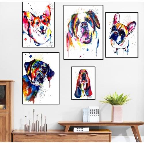 Colorful Animal Dog Canvas Painting French Bulldog Labrador St Bernard Poster Abstract Wall Art Canvas Prints Pictures Decor Art