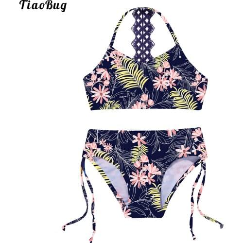 TiaoBug 2021 Summer Kids Girls Floral Printed Bikini Set Sleeveless Top Swim Trunks With Adjustable Strap Swimsuit Swimwear