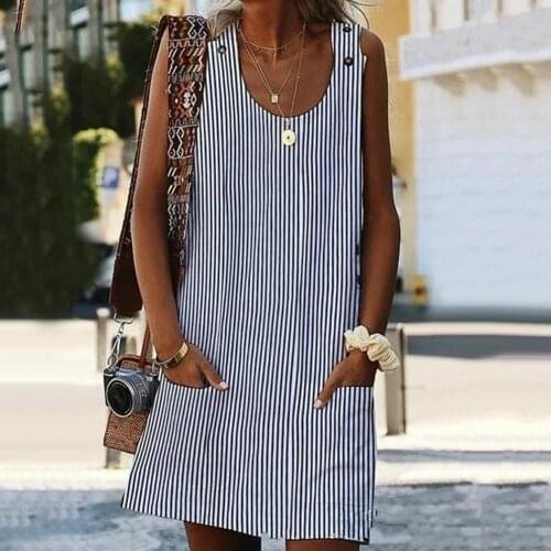 Mini Summer Dress Casual Women Summer Plus Size Striped Loose Sleeveless Mini Dress with Pockets Ladies Holiday Party Sundress