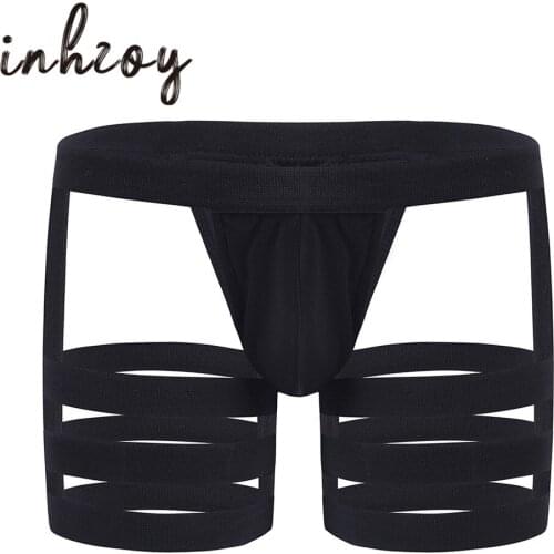 Mens Lingerie Elastic Straps Bondage Underwear Bikini Briefs with Bulge Pouch Garters Male Gay Jockstraps Hollow Out Underpants