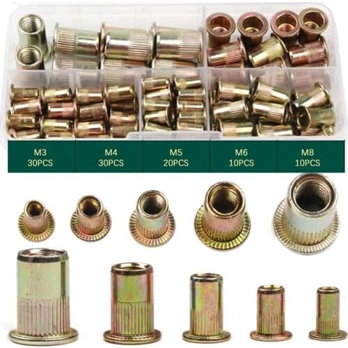 100PCS Rivet Carbon Steel Nut Tool Kit Mixed Zinc Steel Insert Nutsert Threaded kydex clip m3 nuts and bolts