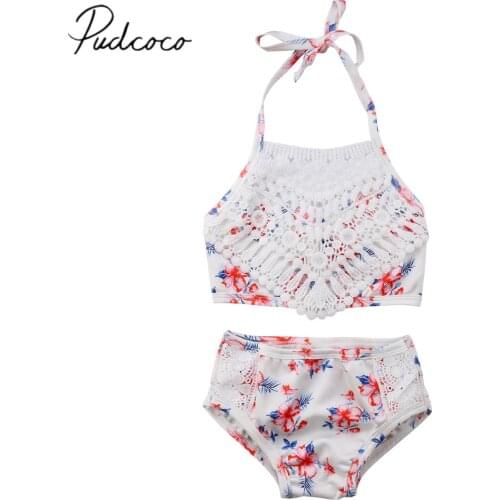 2018 Brand New Infant Baby Girls Kids Swimsuit 2PCS Floral Lace Tassel Sleeveless Belt vest Tops+Shorts Bikini Set Swimwear 1-5T