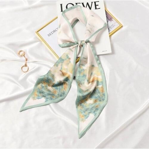 2021 New Long Lotus Flowers Printed Silky Hair Tie Skinny Scarf for Women Headband Accessory Bag Wrap Summer Scarves