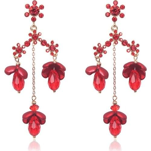 New Bohemian Red Crystal Flower Pendant Earrings for Women Simple Fashion Girls Drop Earrings Birthday Jewelry Gift 2021