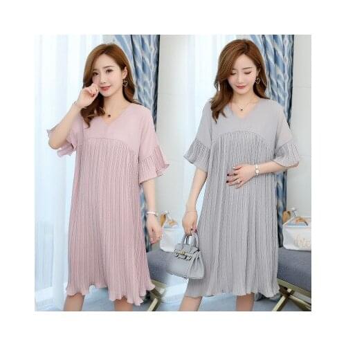 Maternity clothing summer new V-neck solid color fashion pleated large size horn short sleeve loose chiffon pregnant women dress