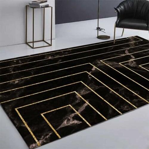 Luxury Black Marble Area Rug For Living Room Gold Geometric Line Bedroom Bedside Hallway Corridor 3D Carpet House Decorative Mat