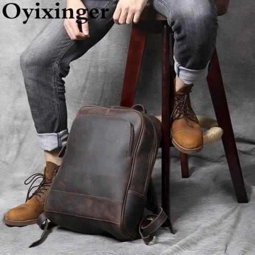 OYIXINGER Mens Luxury Laptop Backpack Original Handmade Laptop Backpack For 14" Macbook Hp Genuine Leather Retro Backpacks Male