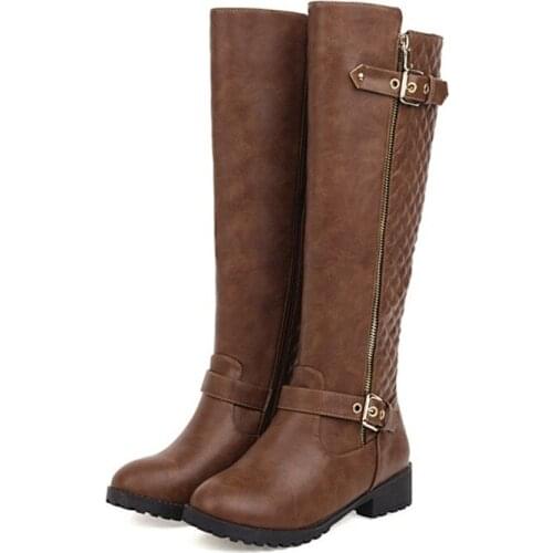 Ochanmeb Luxury Brand Quilted Boots Women Punk Zipper Buckle Charm Knee High Boots Woman Low Heels Knight Boots Shoes Size 33-44