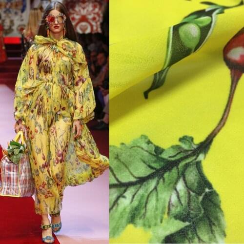 Chiffon Radish Leaf Pattern Printed Fabric Spring and Summer Hand-painted Processing Chinese Cloth for Dress Shirts Material