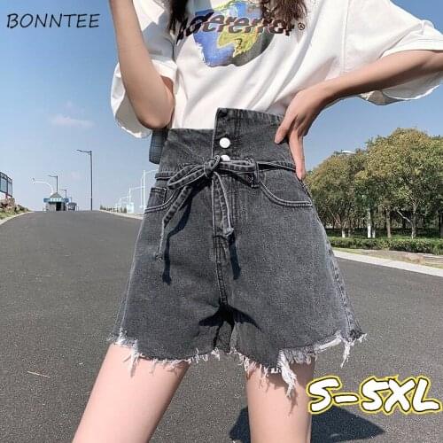 Shorts Women Retros Denim Cute Bow Loose Fashion Ripped Hole Casual Irregular High Waist Wide Leg Tassel Oversize Pantalones Ins