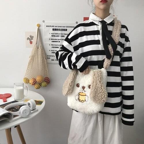 Women Lamb Like Fabric Shoulder Bag Simple Canvas Handbag Tote Large Capacity Embroidery Shopping Bag Cute Book Bags For Girls