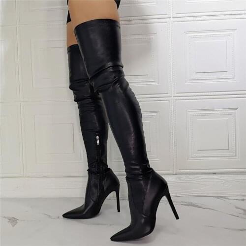 Cheap New Fashion Woman Black Leather Over The Knee Boots Sexy lady Pointed Toe Slim Long Botas Drop Shipping Big Size 47