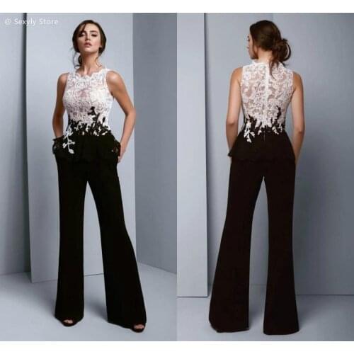 Stylish Black And White Prom Dresses Jumpsuit Pockets See Through Top Lace Pansuit Women Graduation Party Dress Cheap Evening
