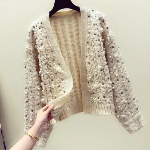Autumn Winter Knitting Cardigan Sweater Women New Hand Bead Thick Thread Twist Knitted Cardigan V-neck Loose Coat Female