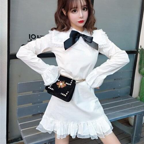 2020 High Quality Runway Autumn Winter White Dress Lace Patchwork Sweet Women Dress Bow Sexy Female Mini Party Dresses