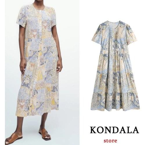 KONDALA Za Fashion 2021 Women Summer Dress Short Sleeve Vintage Graffiti Printing O-Neck Mid Dress Streetwear Mujer Vestidos