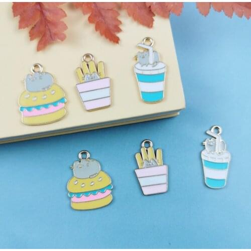 10pcs/pack Cute Food Enamel Charms Food French Fries Hamburger Drink Pendant For Necklace Bracelet DIY Fashion Jewelry Findings