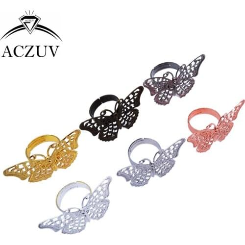 100pcs Mixed Colors Copper Metal Filigree 25x36mm Butterfly Adjustable Ring Blank Bezel Ring Base Tray Findings TJZT070